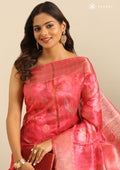 Pink Zari Woven And Floral Printed Organza Saree - Taashi