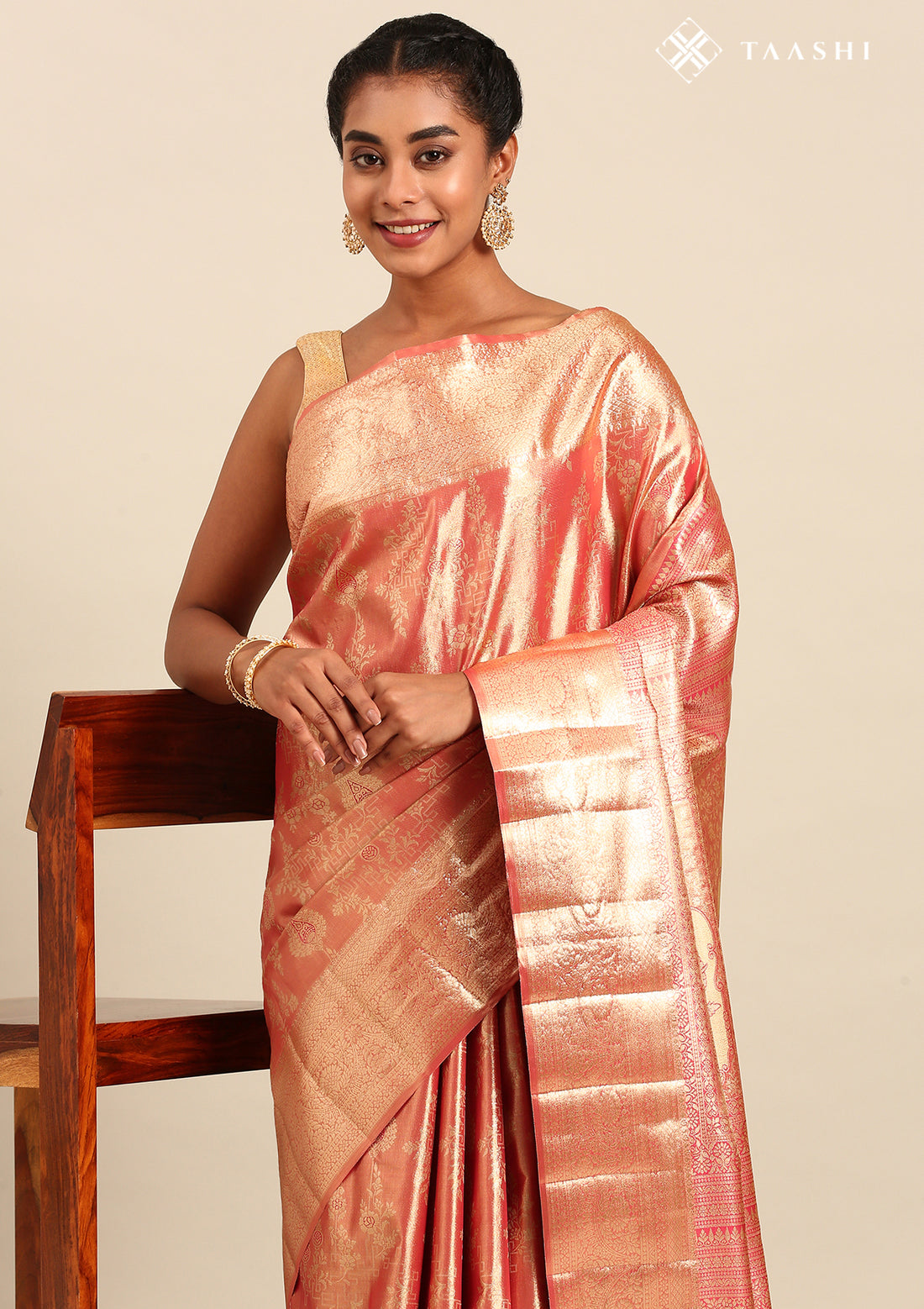 Orange and Golden Floral Pattern Tissue Brocade Kanchipuram Saree