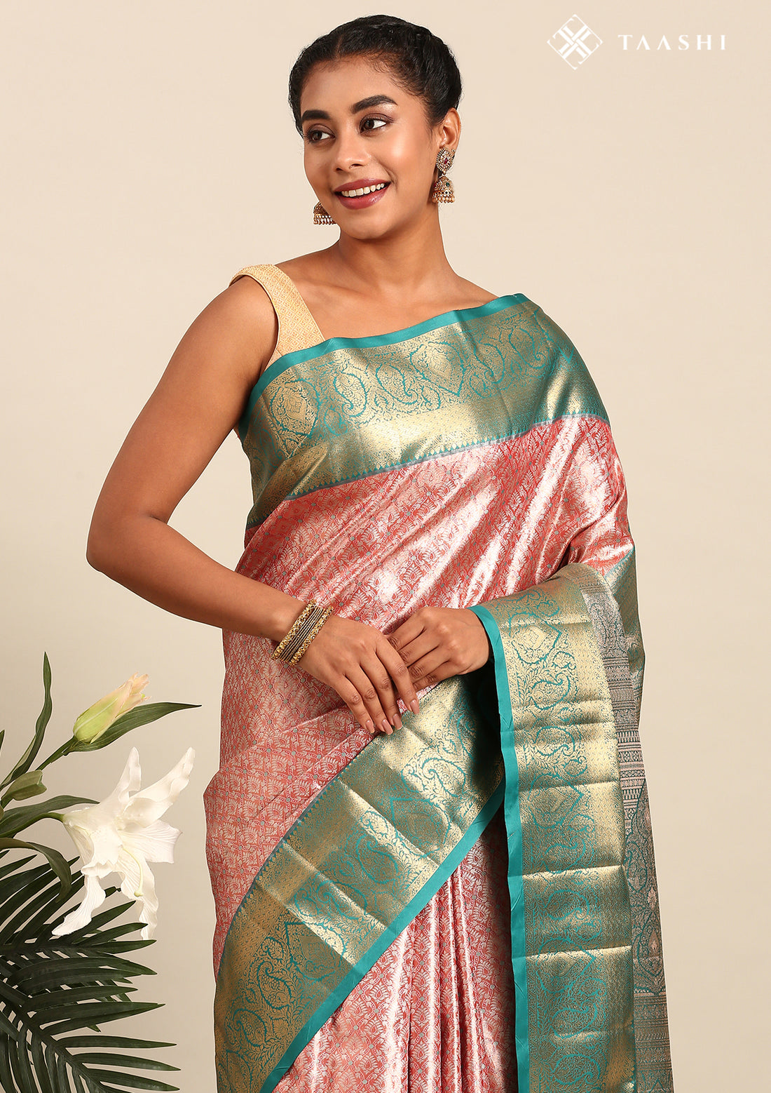 Orange And Teal Kanchipuram Saree