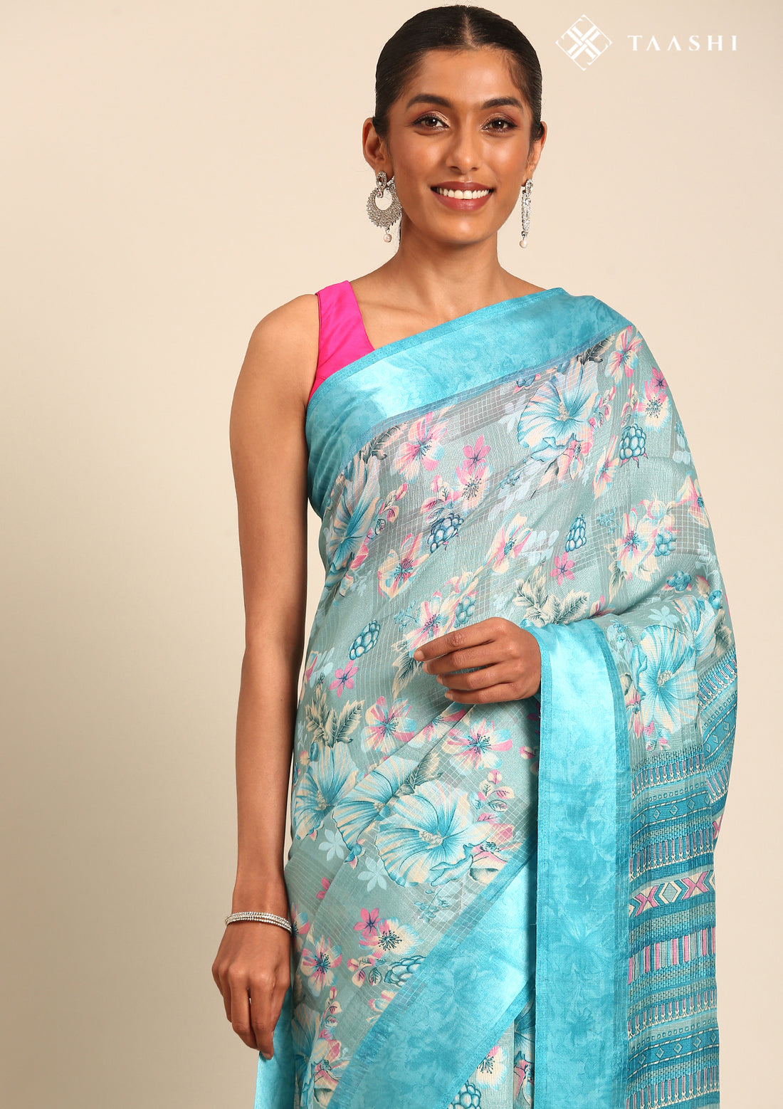 Sky Blue A/O Floral Printed Plaids Woven Line Saree