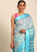 Sky Blue A/O Floral Printed Plaids Woven Line Saree - Taashi