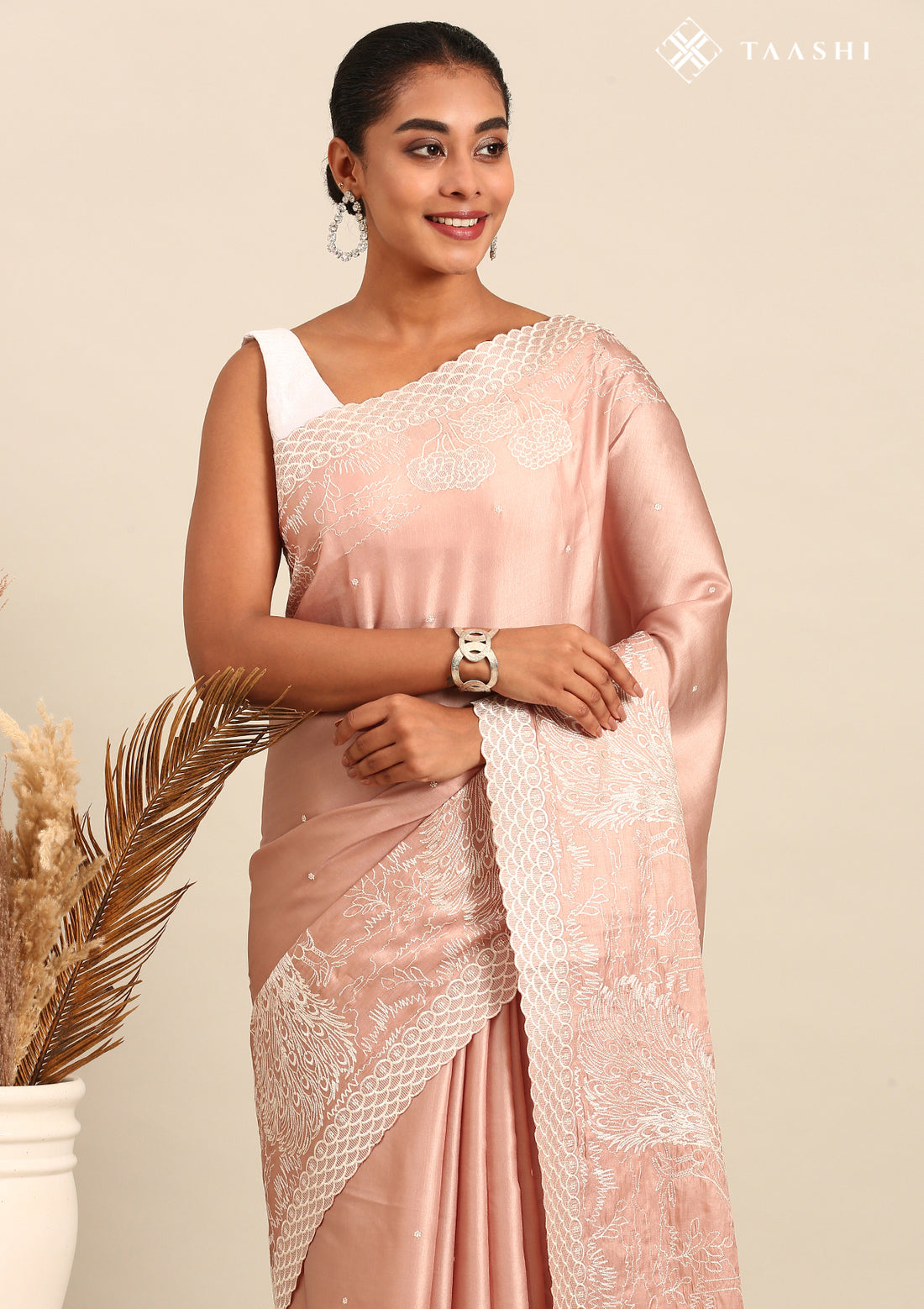 Pastel Pink Peacock Embroidered Tussar Saree