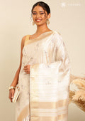 Cream TextuRed Grey Floral Printed With Foil Butta Work Printed Tussar Saree - Taashi