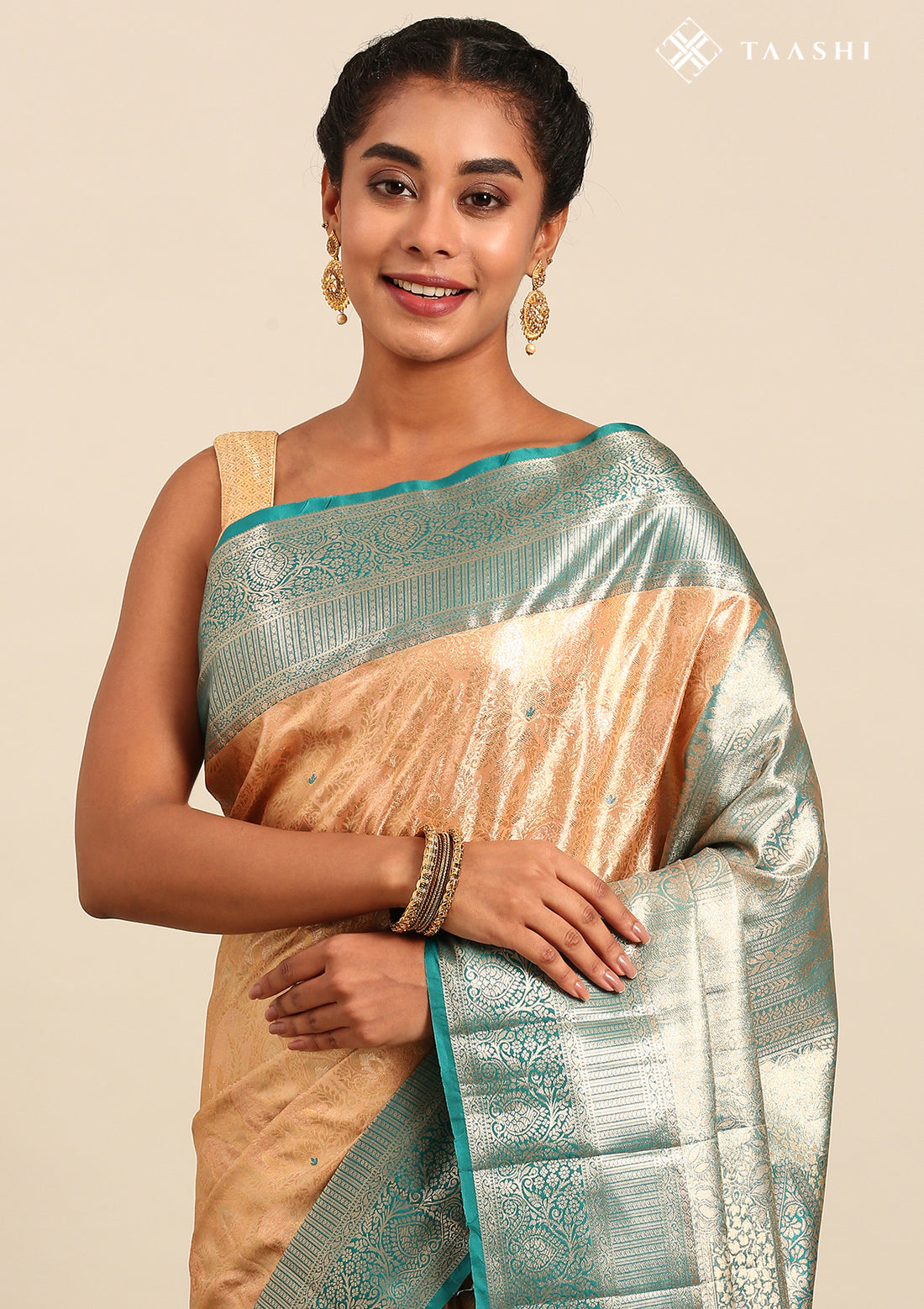 Beige And Teal Kanchipuram Saree