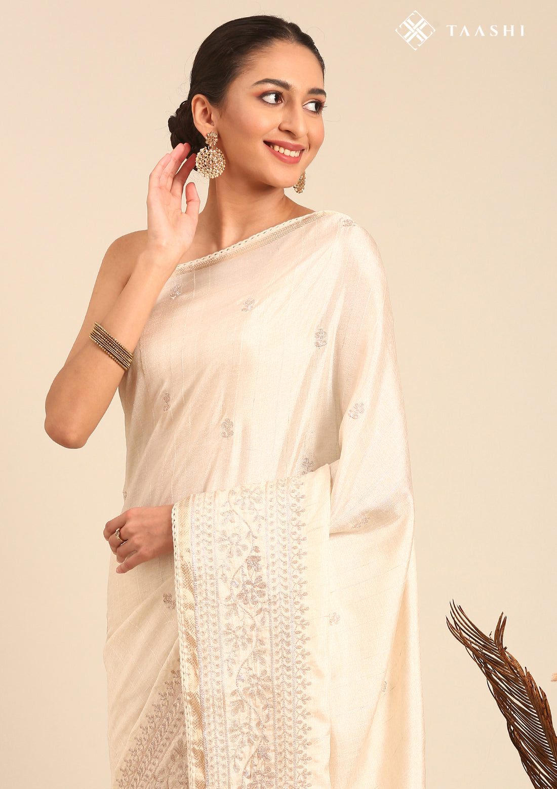 Cream Fancy Embroidery Tussar Saree