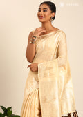 Cream Traditional Temple Pattern Tussar Saree - Taashi