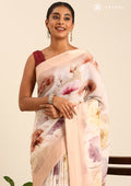 Pastel Beige Watercolor Floral Printed Georgette Saree - Taashi
