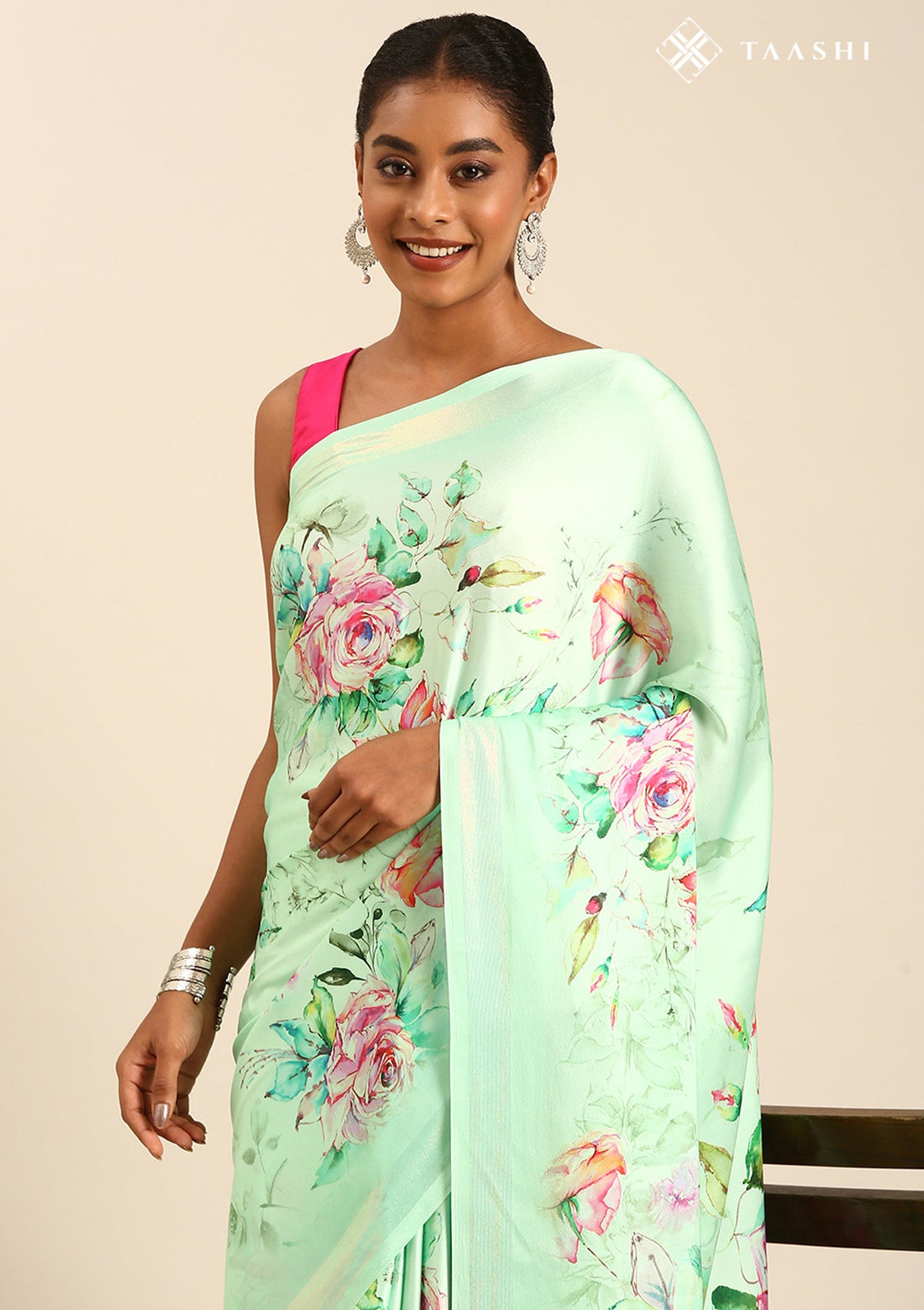Light Mint Green Satin Contemporary Printed Saree
