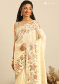 Pastel Yellow Floral Embroiderd Linen Saree - Taashi