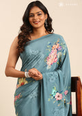 Dusty Powder Blue Floral Digital Printed Crepe Saree - Taashi