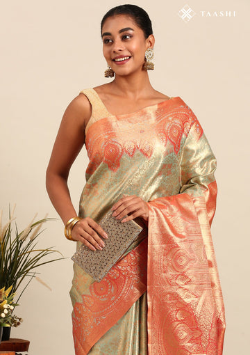 Pastel Sage Green Silk Korvai Tissue Kanjivaram Weave Saree