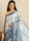 Dusty Blue Floral Printed Tussar Saree - Taashi