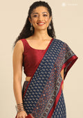 Indigo And Maroon Ajrakh Printed Cotton Saree - Taashi