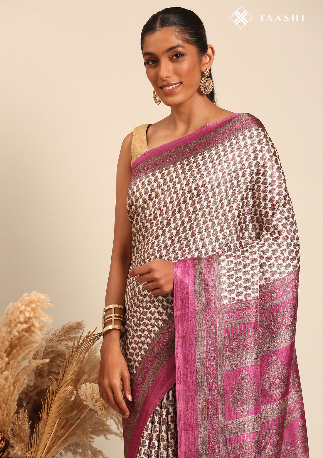 Cream And Teal A/O Floral Printed Art Tussar Matka Silk Saree