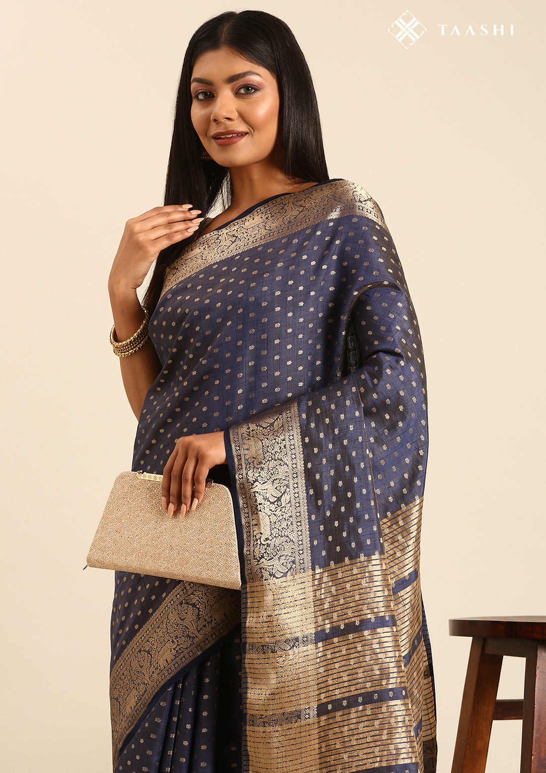 Blue Traditional Zari Butta Woven Tussar Saree