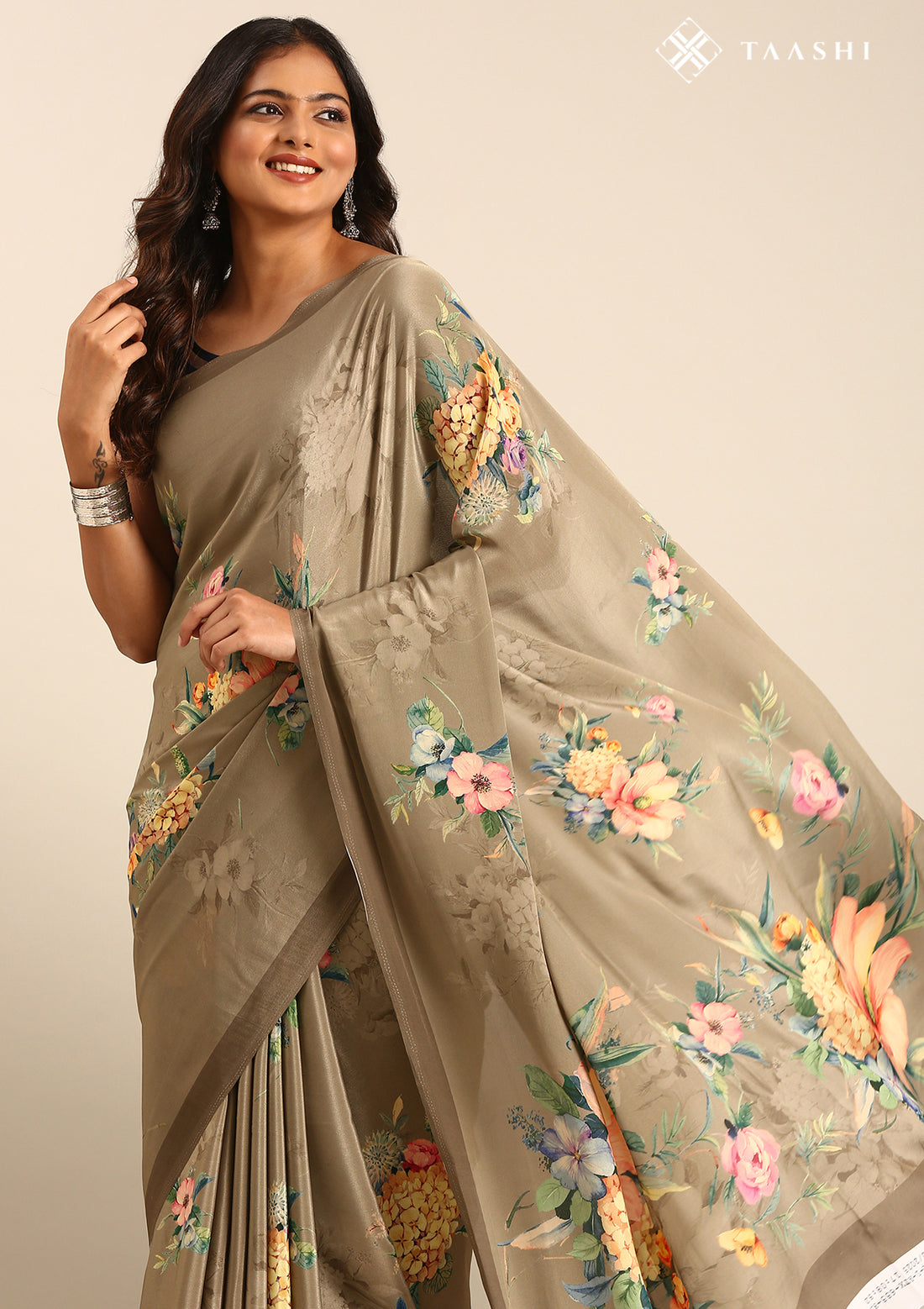 Beige Floral Digital Printed Crepe Saree