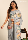 Grey Leaf Digital Printed Crepe Saree - Taashi