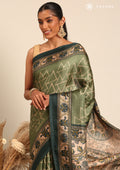 Dark Green Geometric Printed Tussar Saree - Taashi