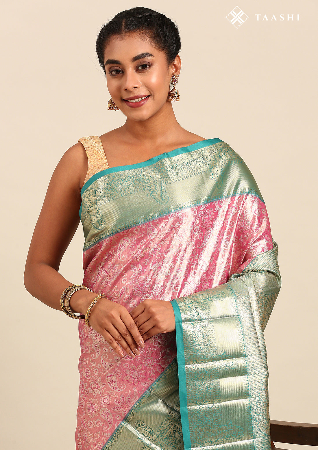 Pink And Teal Kanchipuram Saree