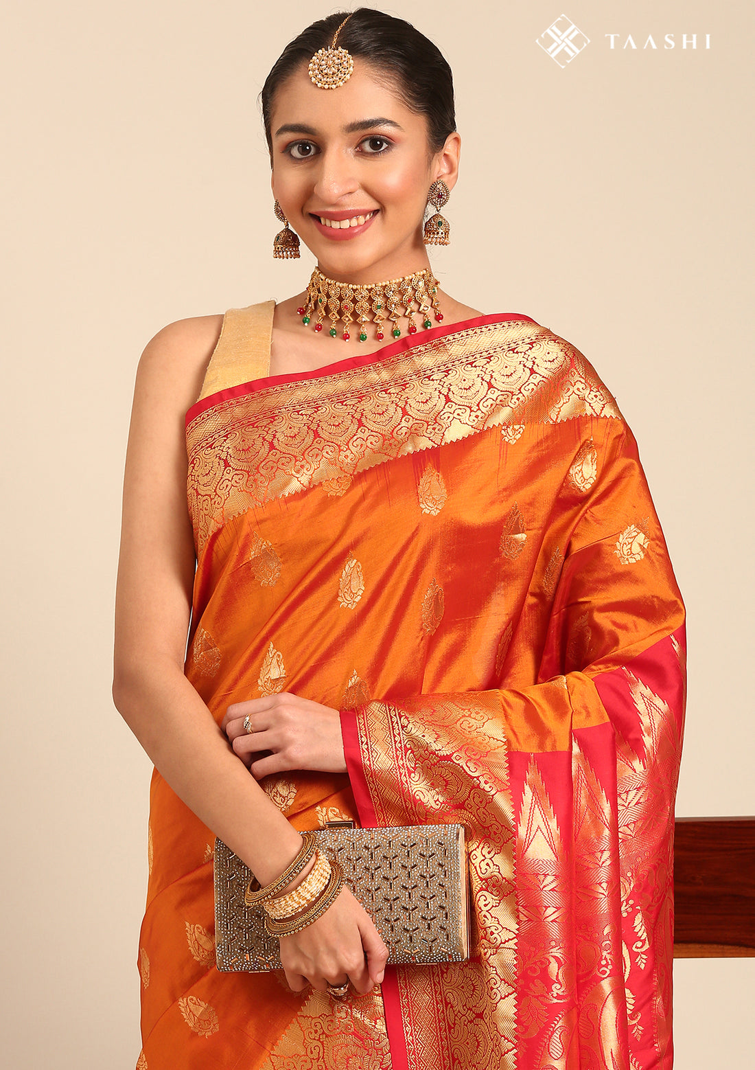 Rust Orange Paisley Butta Pattern Woven Kanjivaram Silk Saree