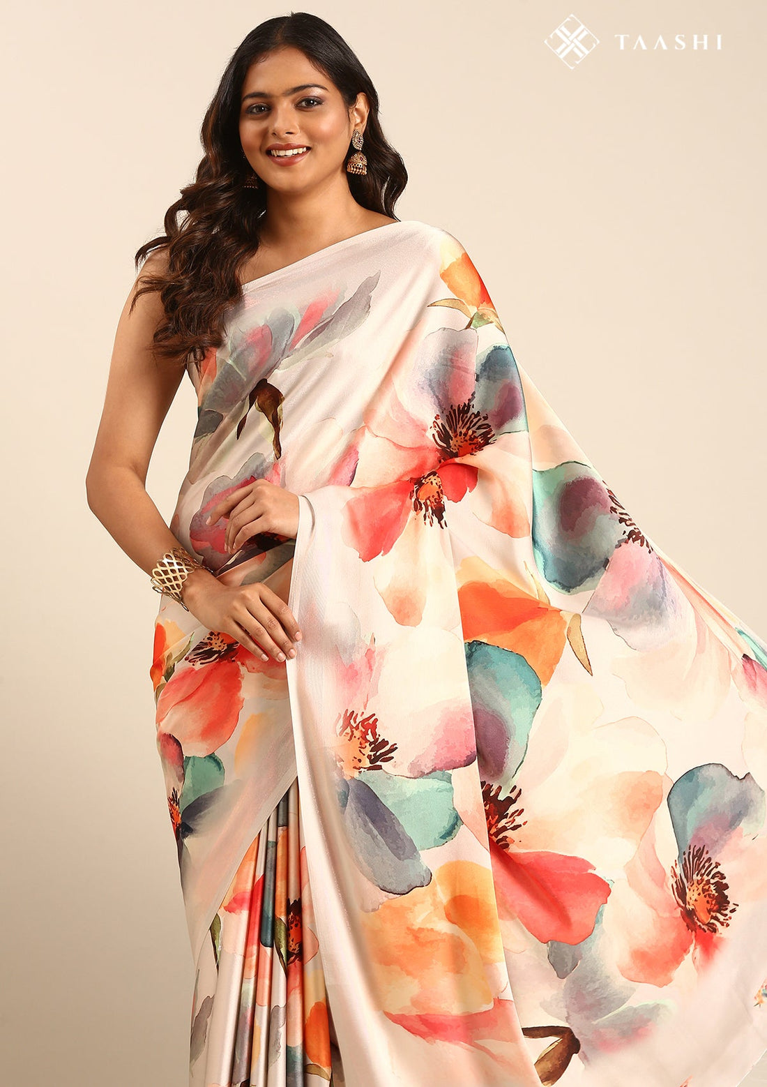 Beige Satin Contemporary Printed Saree