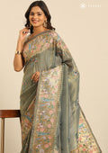 Metallic Dusty Green Nature InspiRed Embroiderd Tissue Saree - Taashi