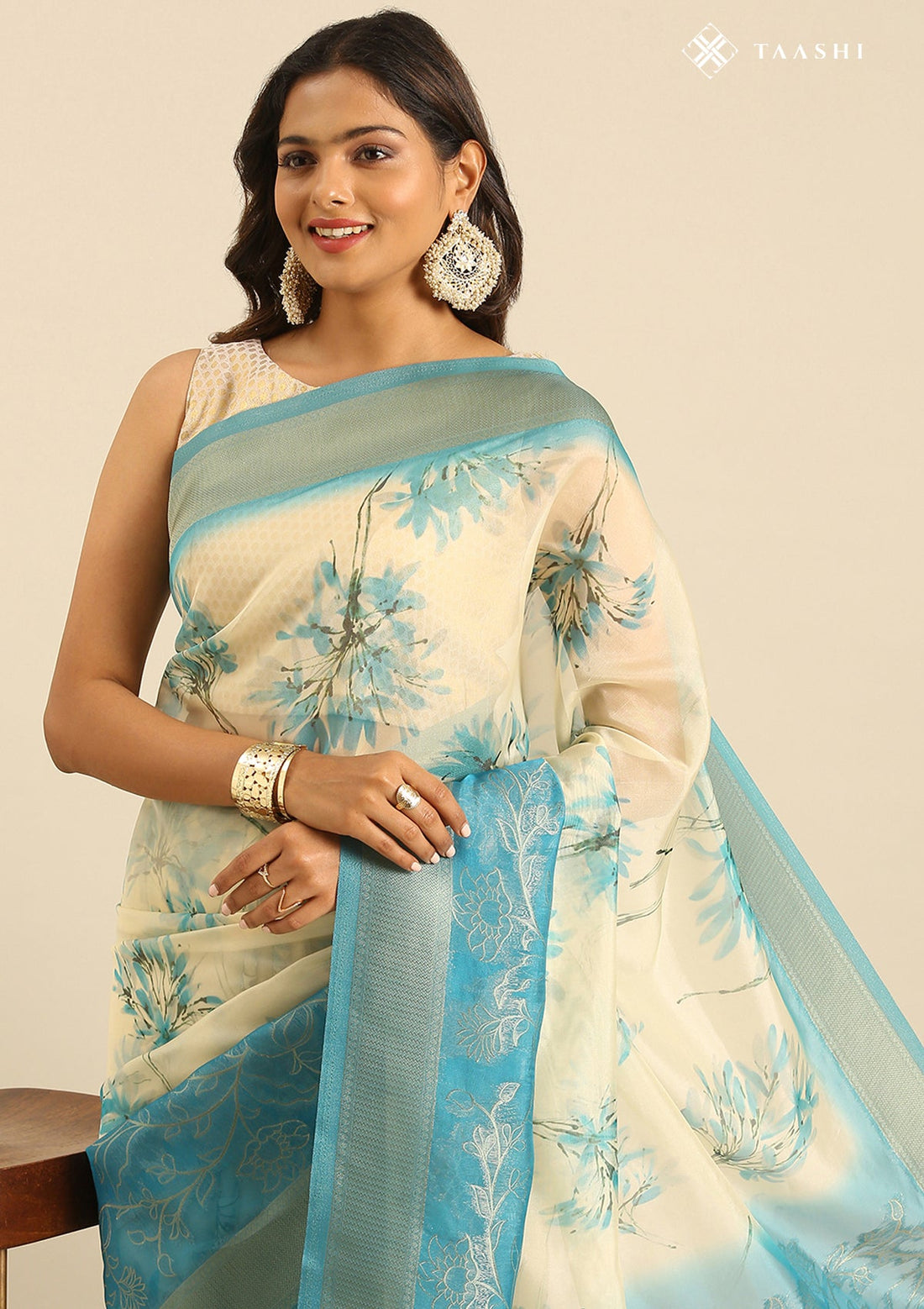 Cream Organza Contemporary Printed Saree