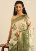 Green Zari Woven And Floral Printed Organza Saree - Taashi