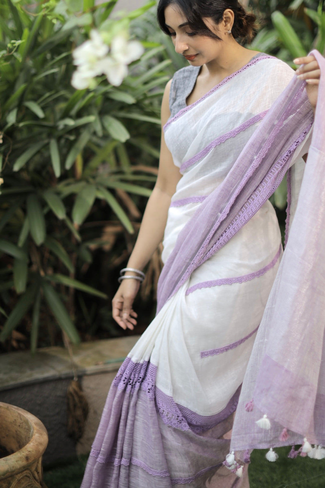 White and Lilac Dual-Tone Linen Saree with Lace Detailing
