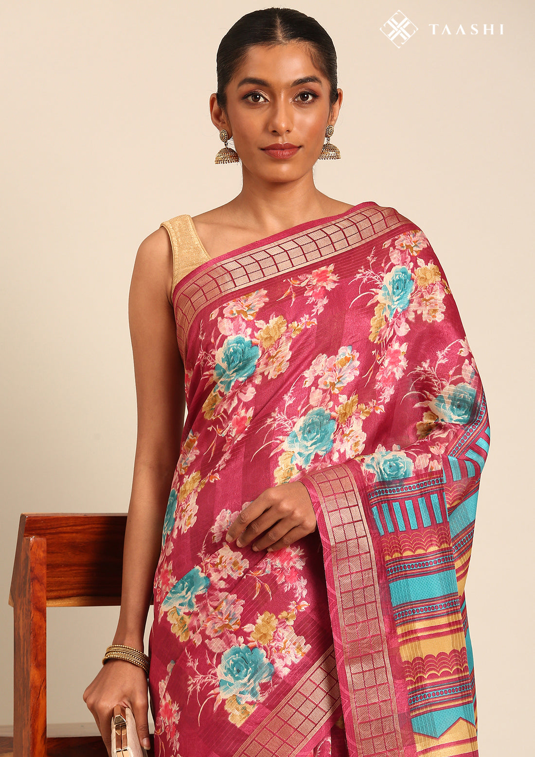Dark Pink Watercolor Floral Printed Tussar Saree