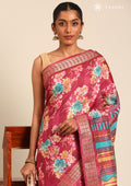 Dark Pink Watercolor Floral Printed Tussar Saree - Taashi