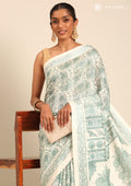 Cream And Sage Green Stylised A/O Paisley Pattern Linen Saree - Taashi