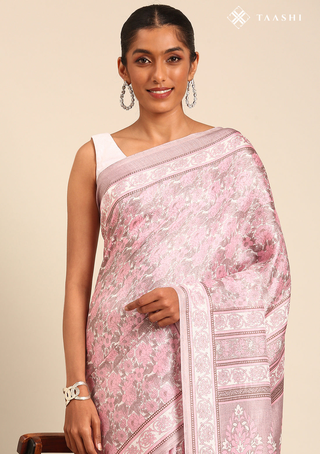 Dusty Pink A/O Floral Printed Art Tussar Matka Silk Saree