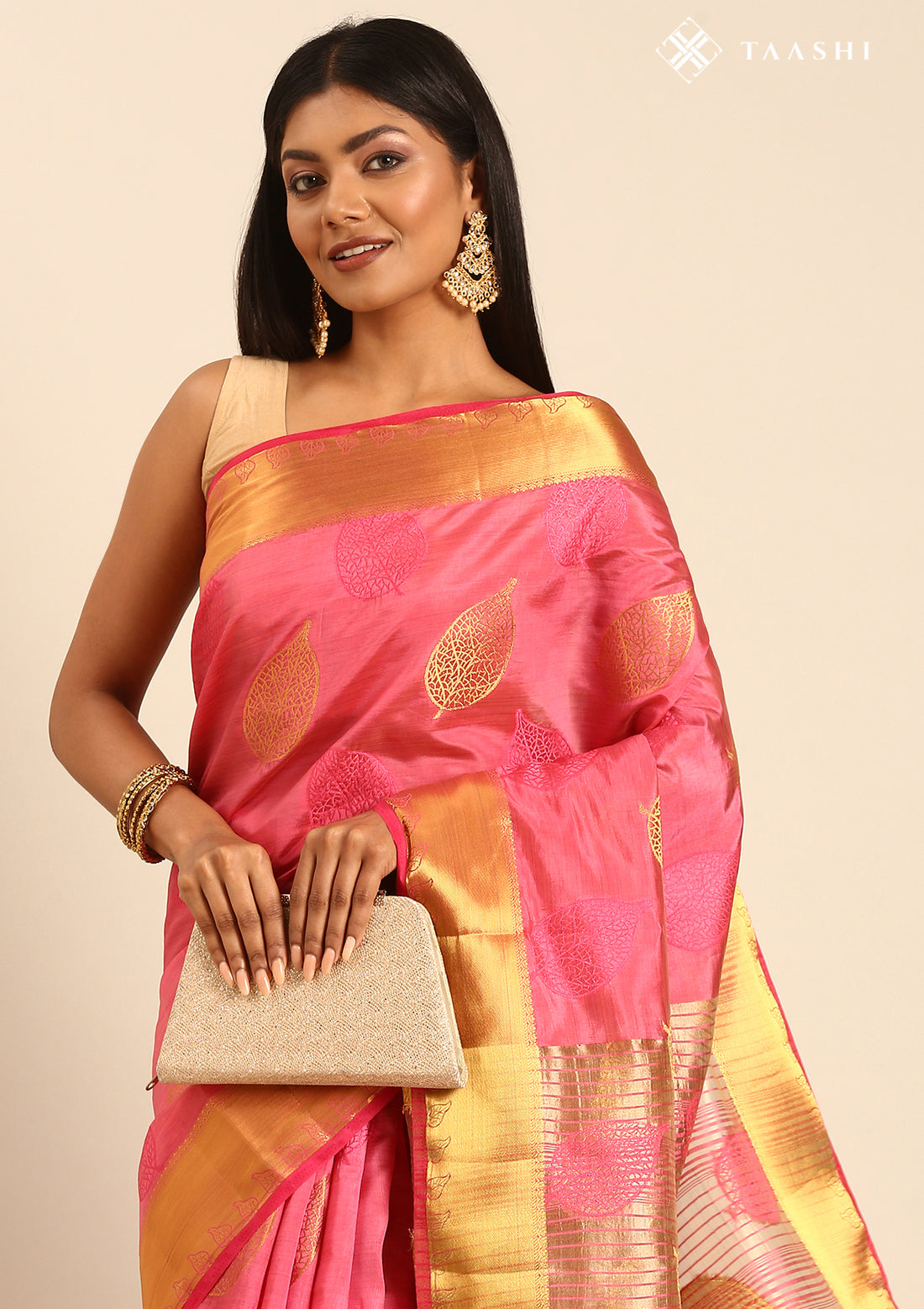 Pink Betel Leaf Woven Tussar Saree