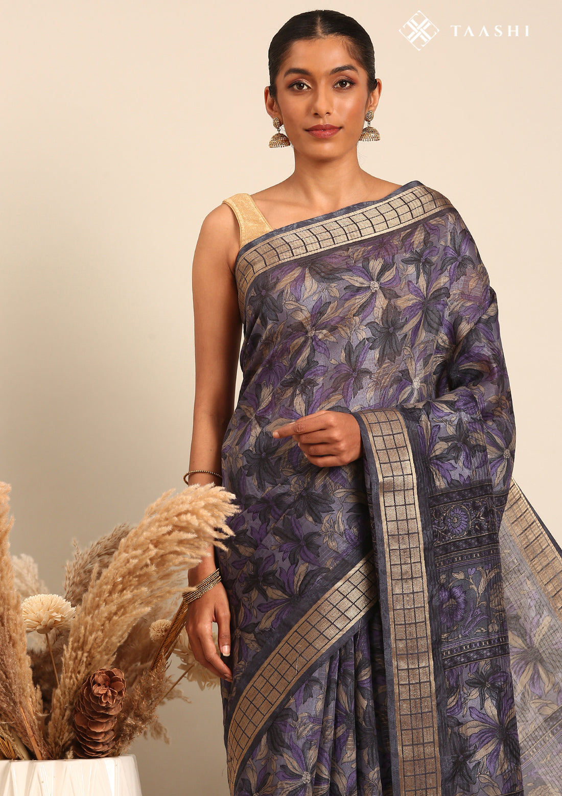 Grey A/O Floral Printed Tussar Saree
