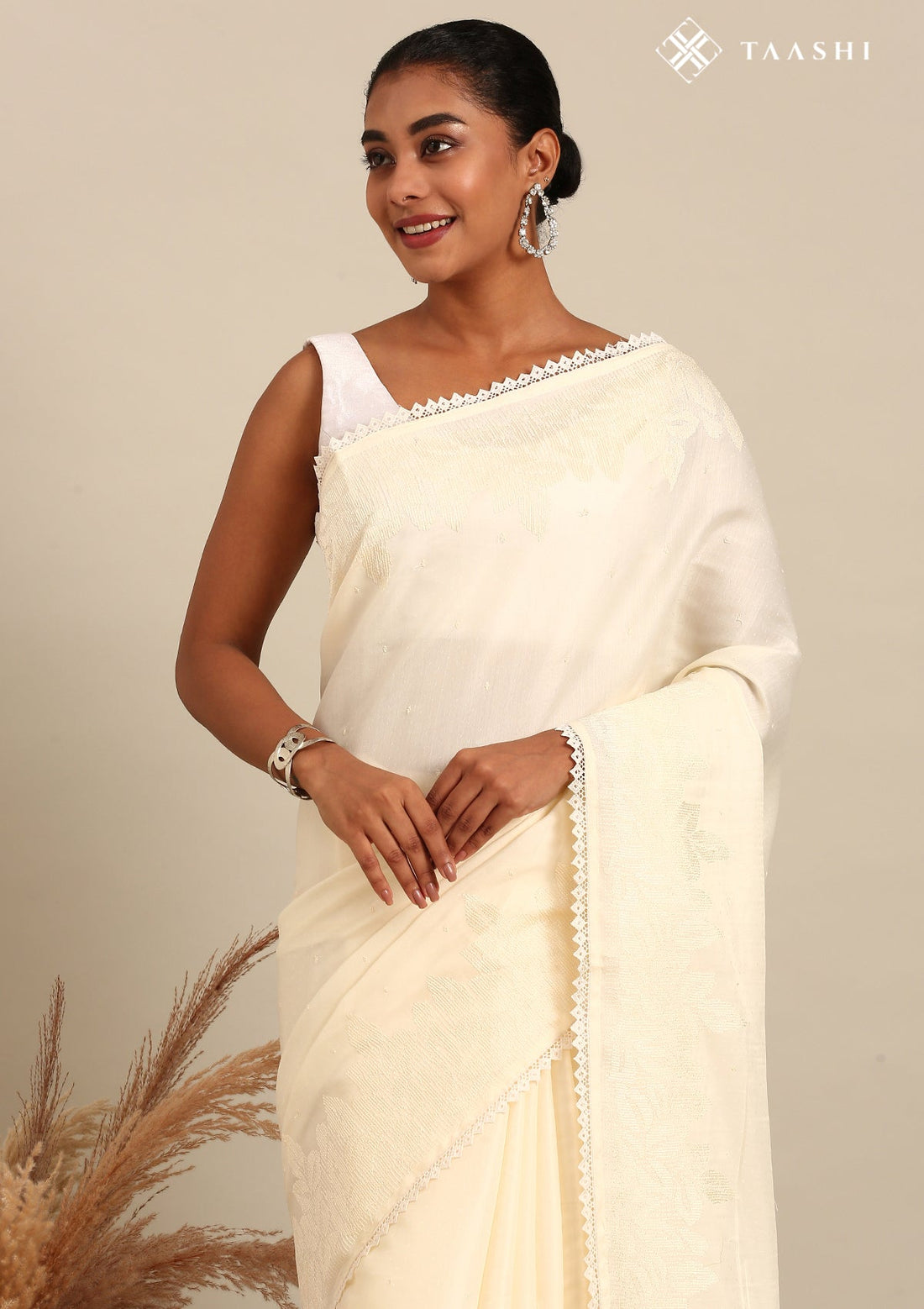 Off White Tussar Contemporary Embroidered Saree