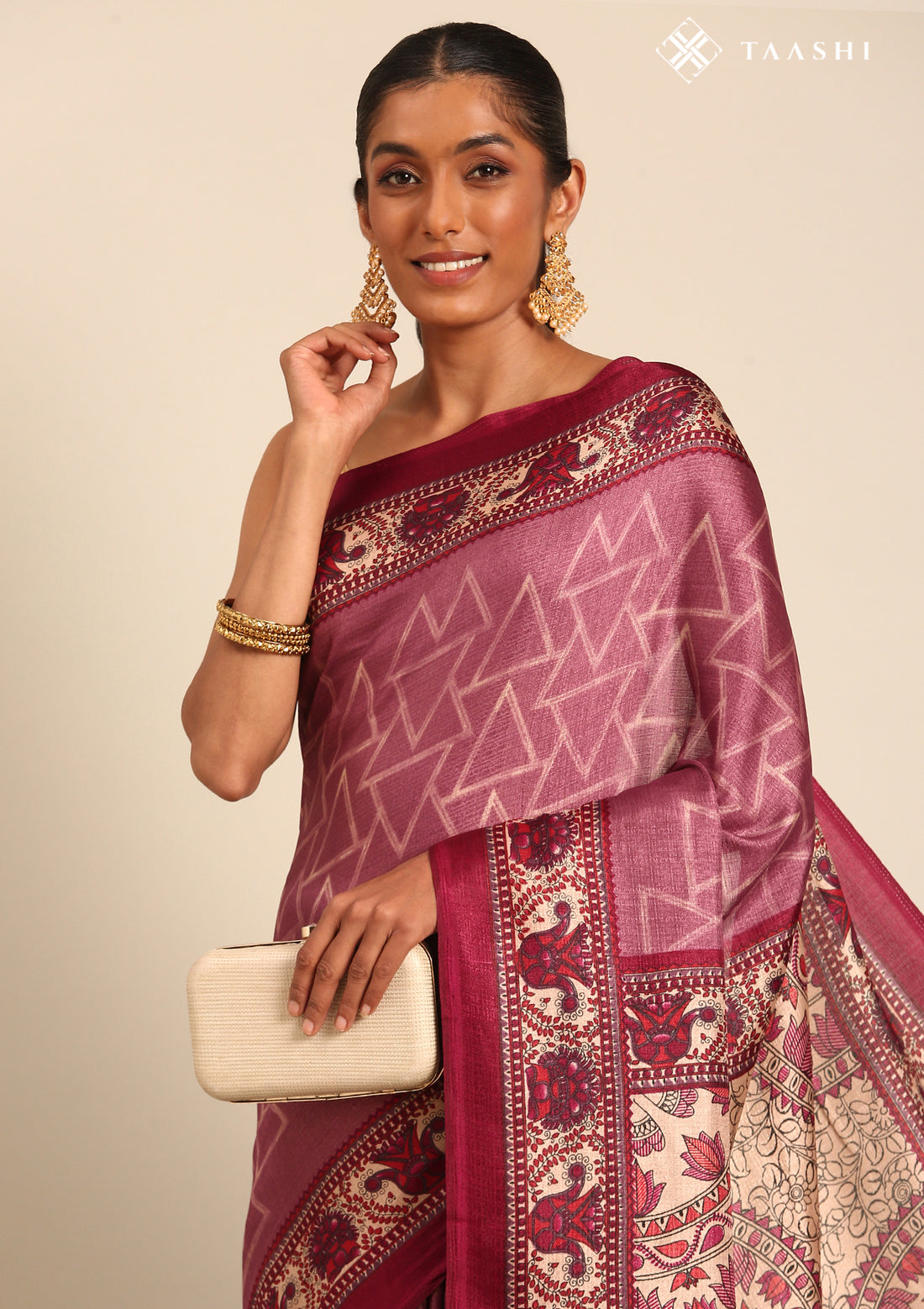 Dusty Magenta Geometric Printed Tussar Saree