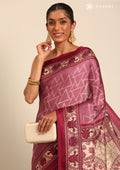 Dusty Magenta Geometric Printed Tussar Saree - Taashi