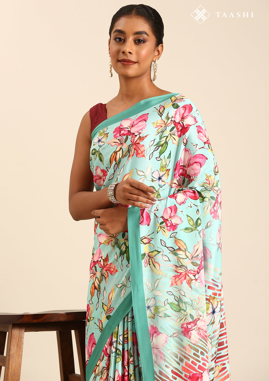 Turquoise Multicolor Watercolor Floral Printed Crepe Saree