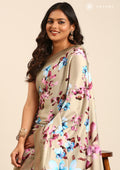 Beige Floral Digital Printed Satin Saree - Taashi