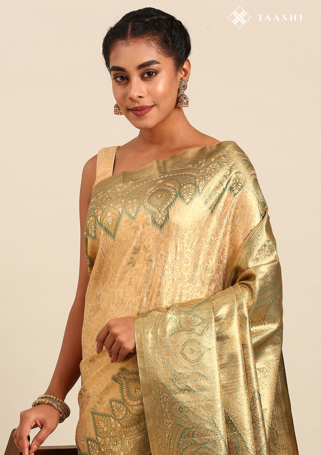 Gold and Green Floral Pattern Tissue Brocade Kanchipuram Saree