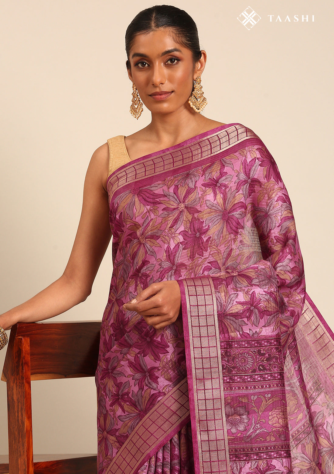 Magenta A/O Floral Printed Tussar Saree