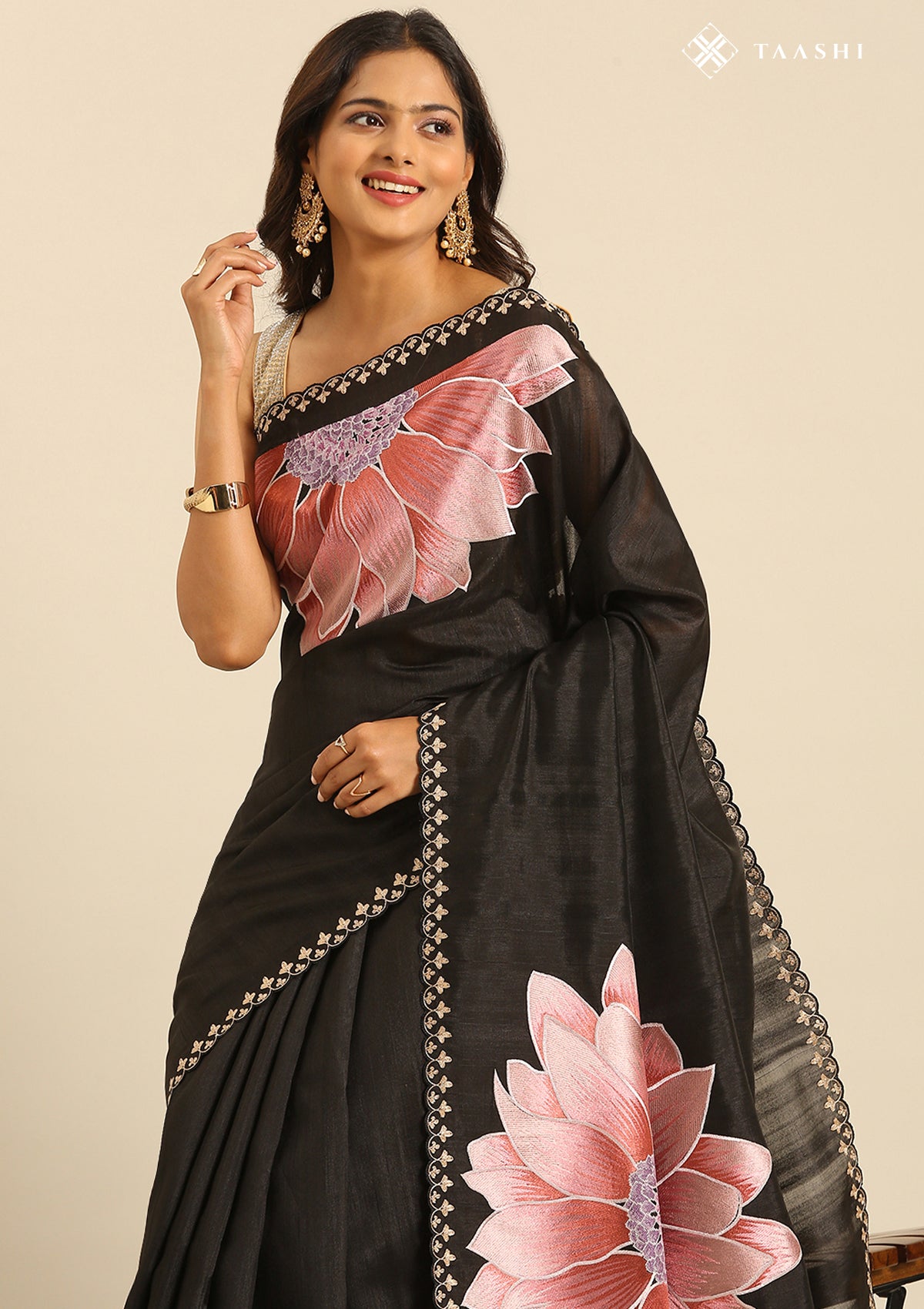 Black Floral EmbroideRed Tissue Saree - Taashi