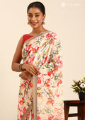 Beige Multicolor Watercolor Floral Printed Crepe Saree - Taashi