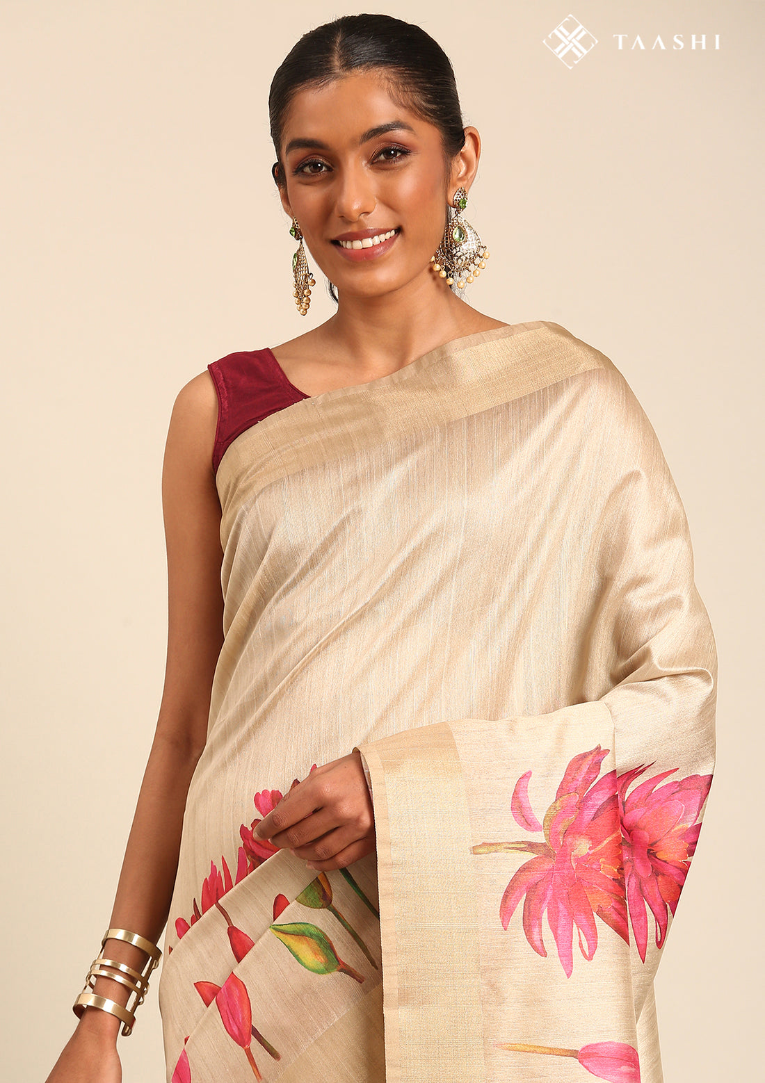 Beige Floral Printed Tussar Saree