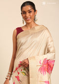 Beige Floral Printed Tussar Saree - Taashi