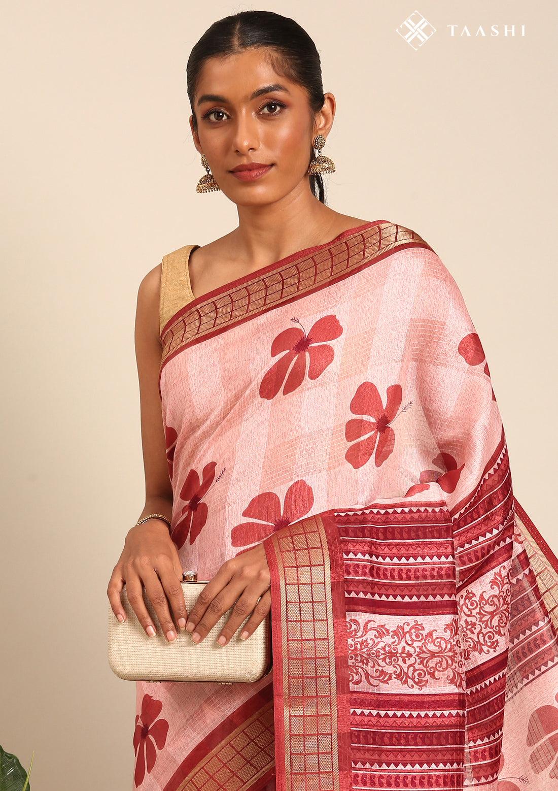 Red Hibiscus Printed Tussar Saree