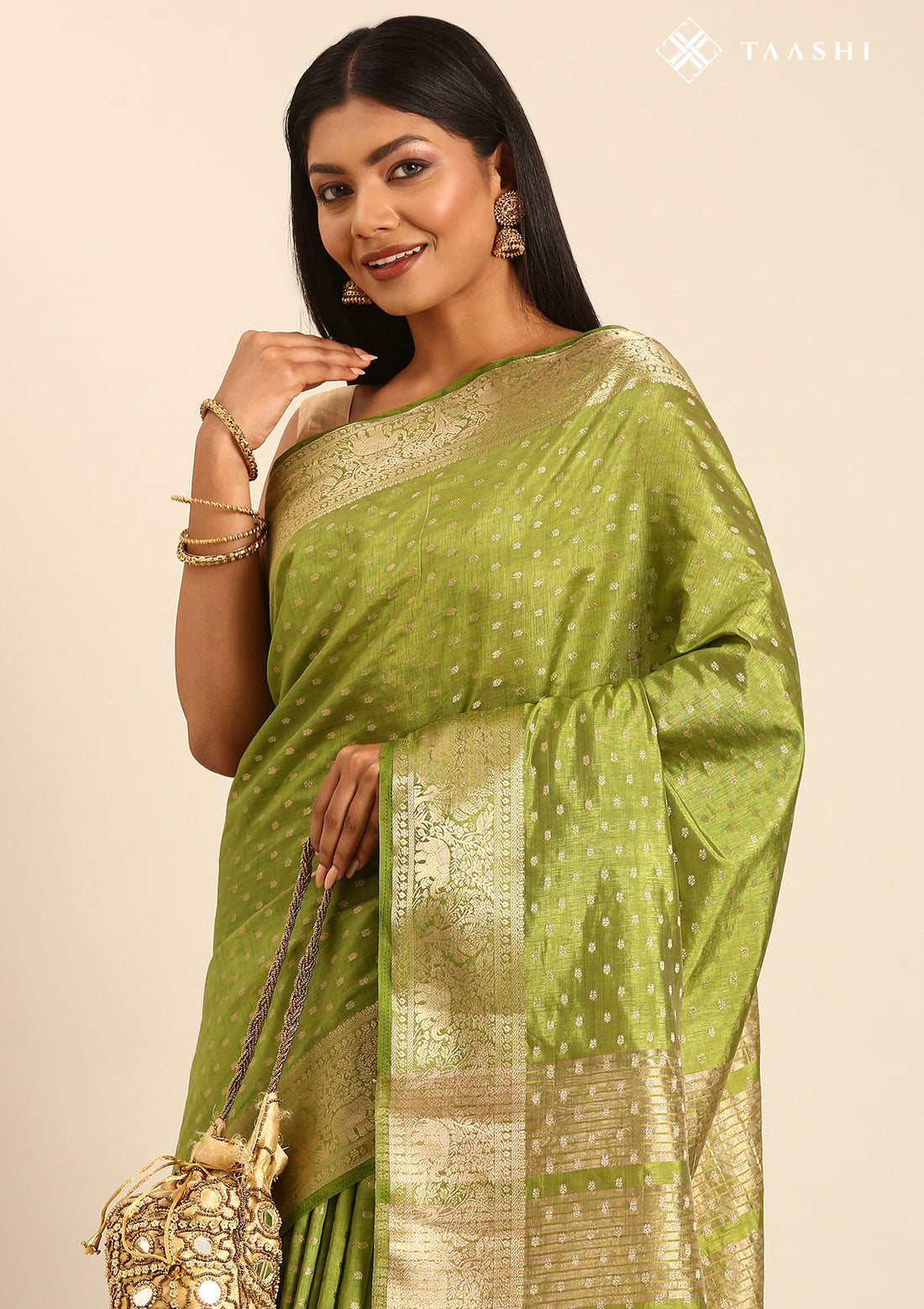 Green Traditional Zari Butta Woven Tussar Saree