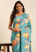 Pastel Blue Leaf Digital Printed Crepe Saree - Taashi