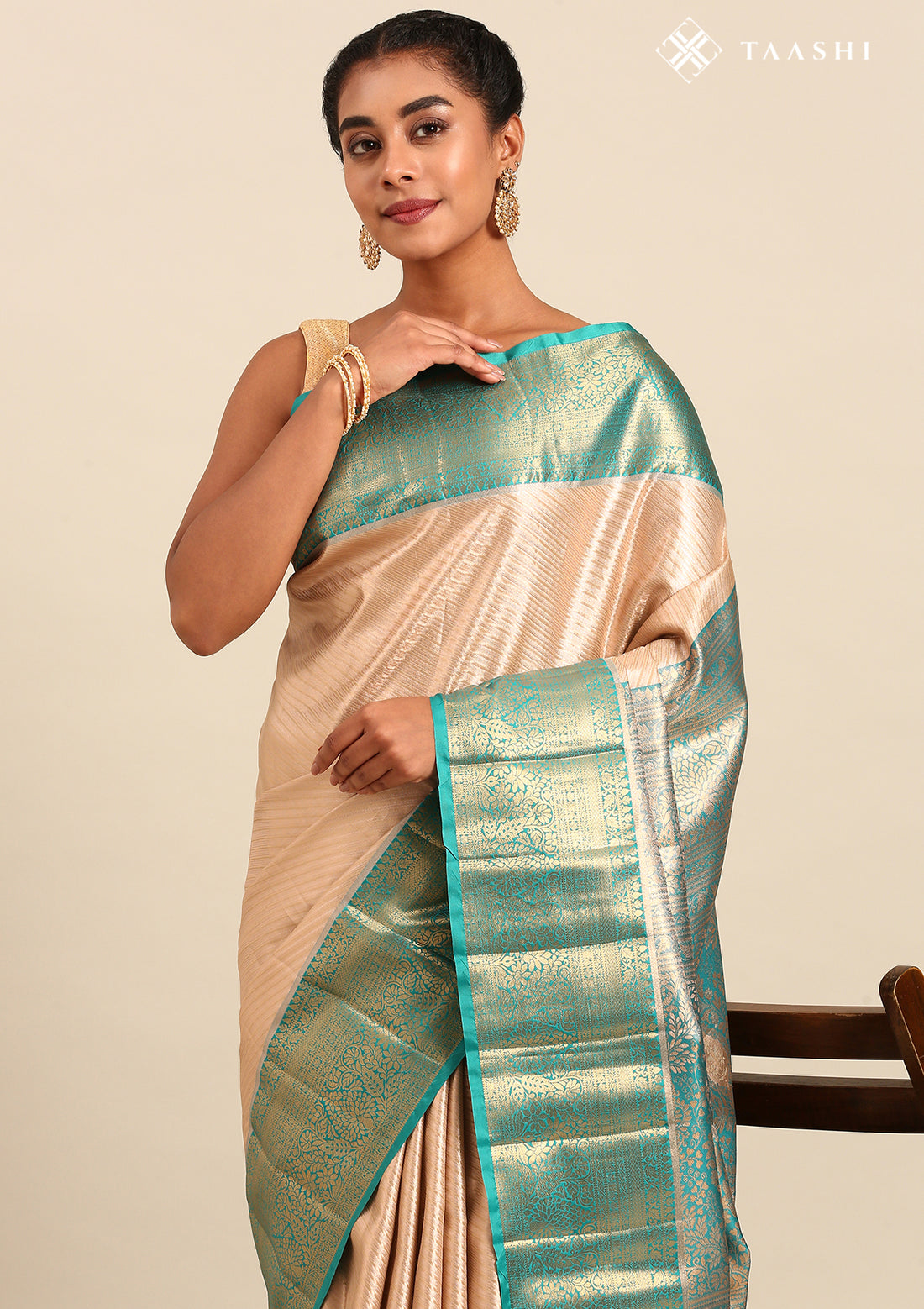 Golden And Teal Color Kanchipuram Saree